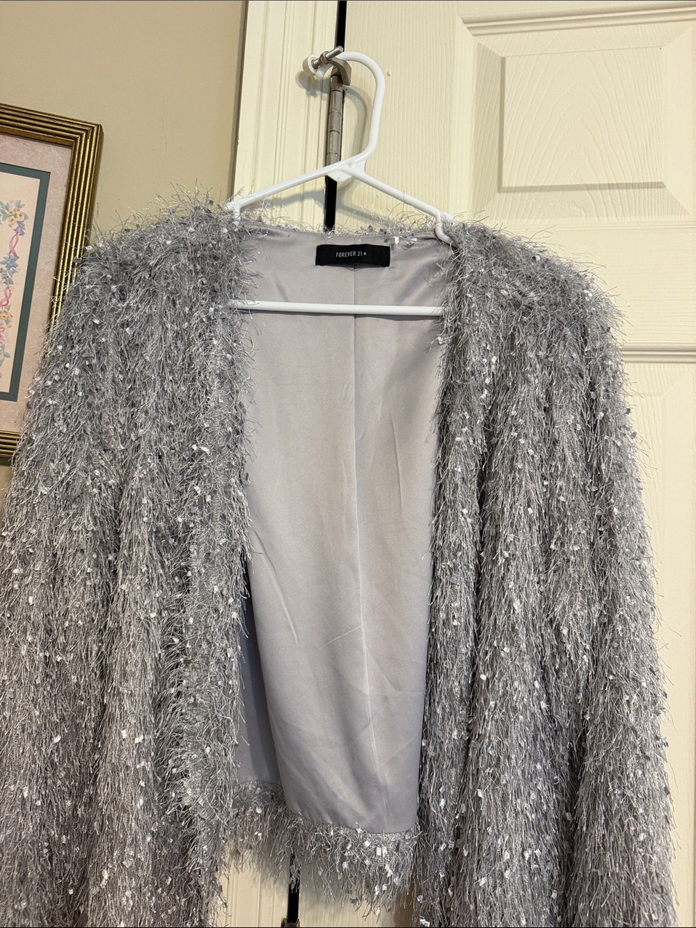 Forever 21 Silver Shaggy Faux-Fur Open-Front Jacket